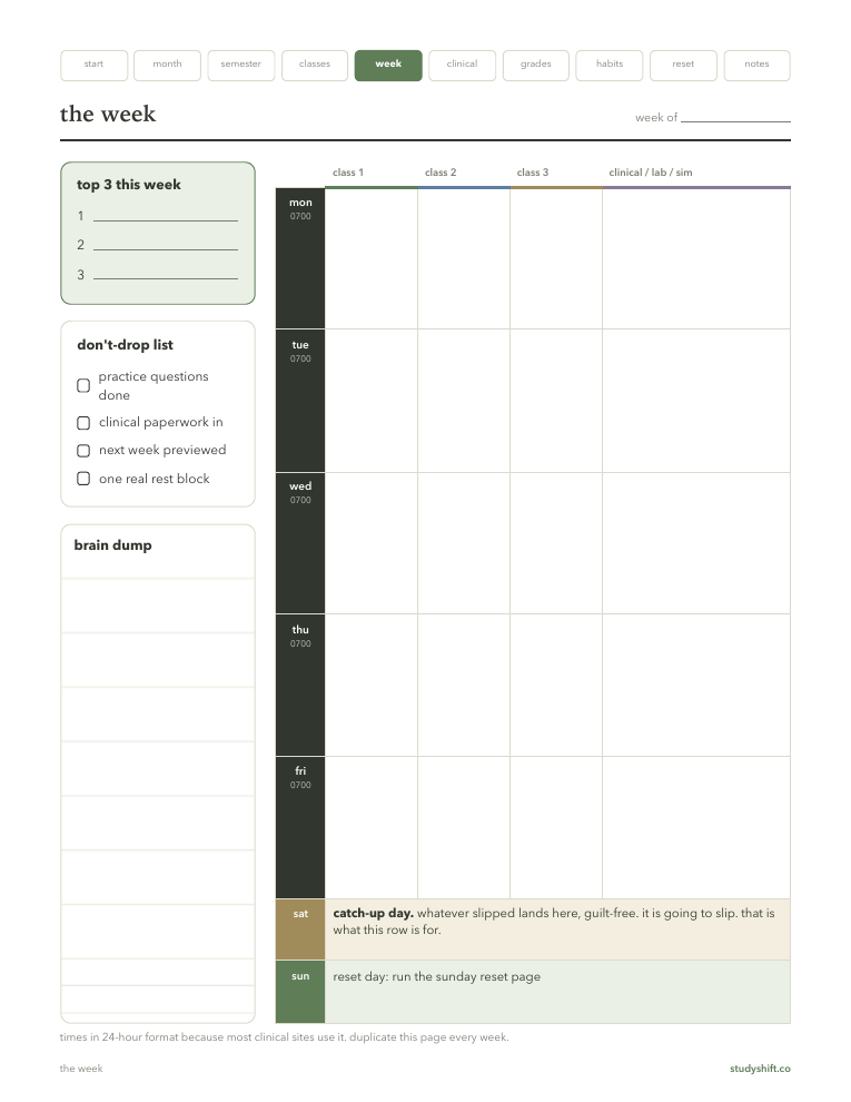The weekly spread from the semester organizer, showing class columns, a catch-up row and a reset day.